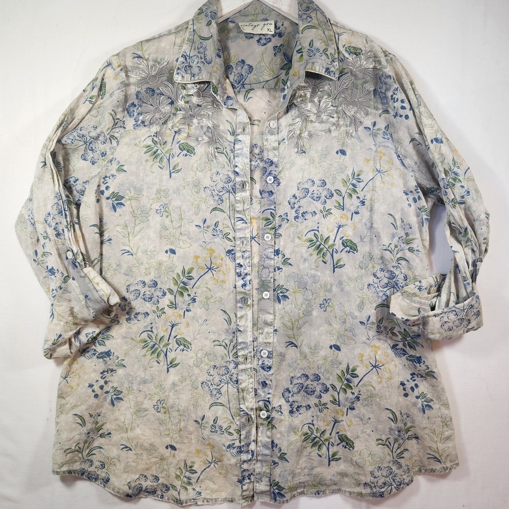 Vintage Goa Womens XL Floral Cotton Button Down Shirt Embroidered Blue Gray Boho
